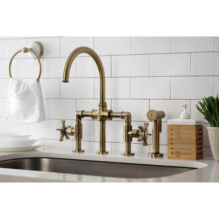 Kingston Brass Kingston Brass Two-Handle 4-Hole Deck Mount Industrial Style Bridge Kitchen Faucet with Brass Side Sprayer KS2333RX