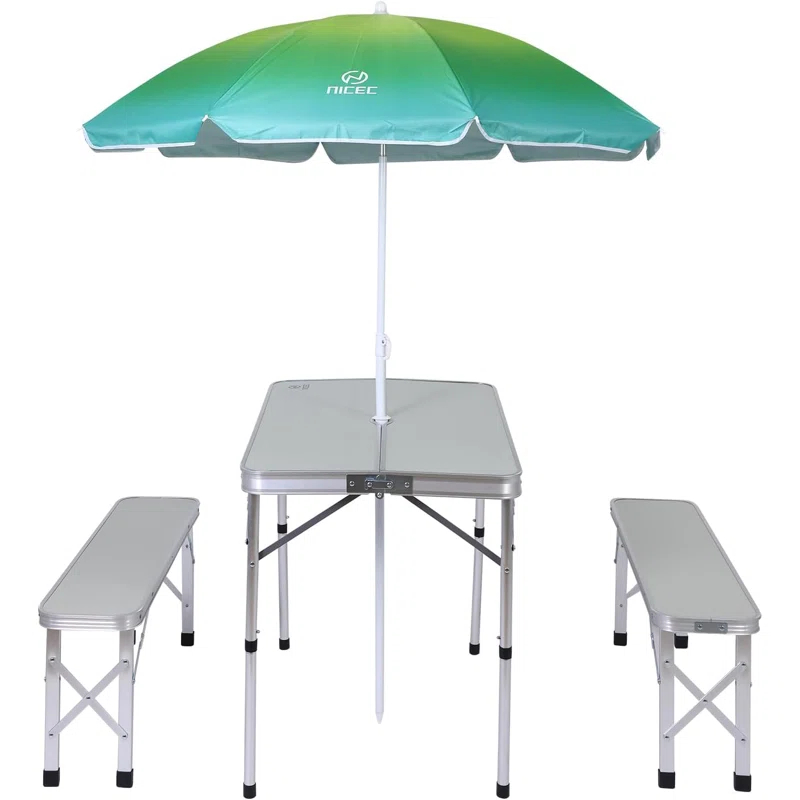 MUKE Folding Picnic Table with 2 Benches & Umbrella, Mesh Net for Outdoor, Patio, Lawn, & Backyard