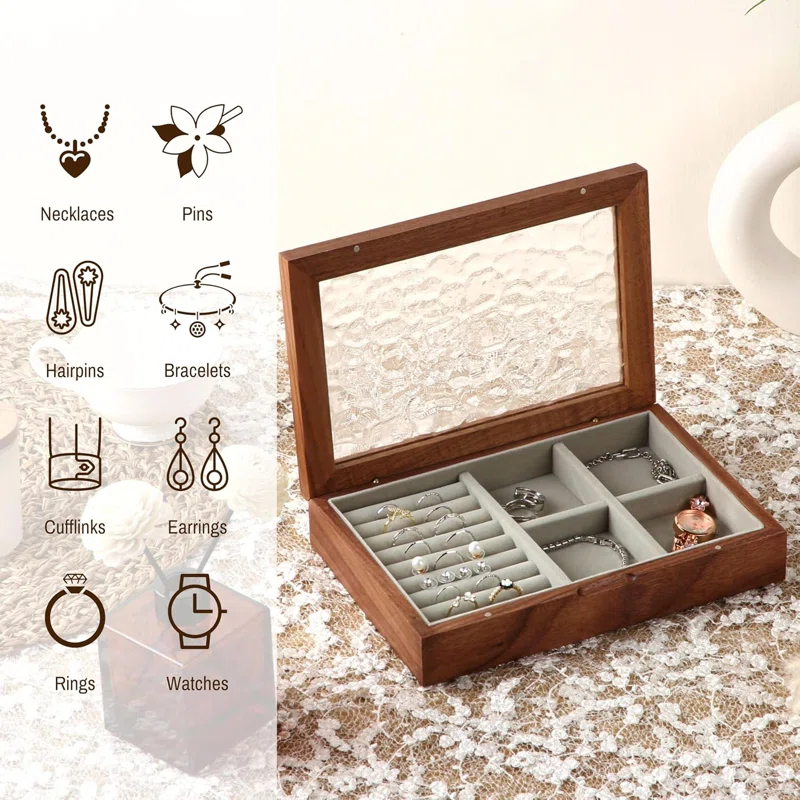 Wooden Jewelry Box, Medium Size Natural Solid Walnut Wood Girls Vintage Trinket Organizer With Large Storage,Walnut