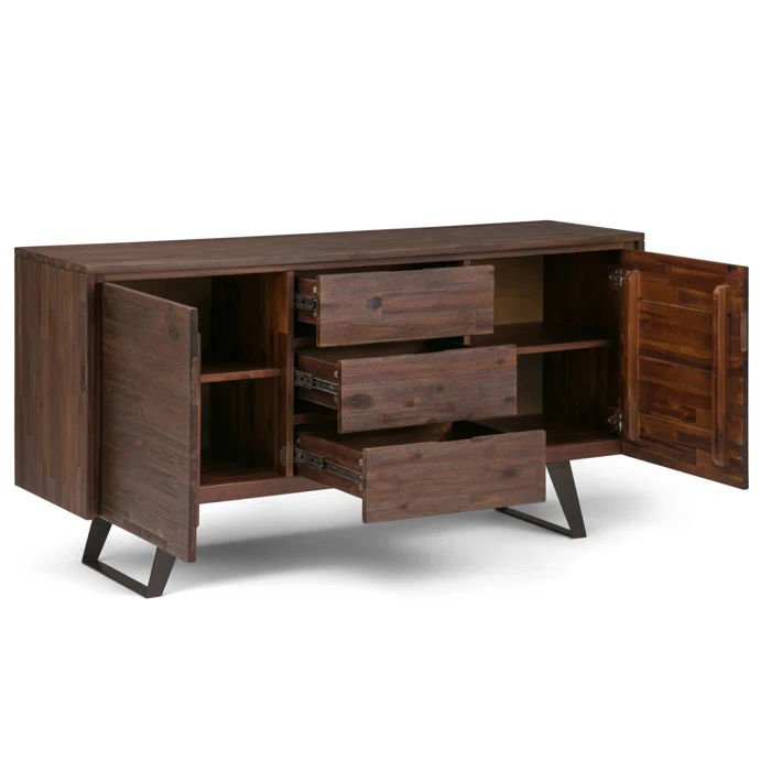 Simpli Home Lowry 60"W Solid Wood Modern Industrial 2-Door Sideboard Buffet with 3 Center Drawers