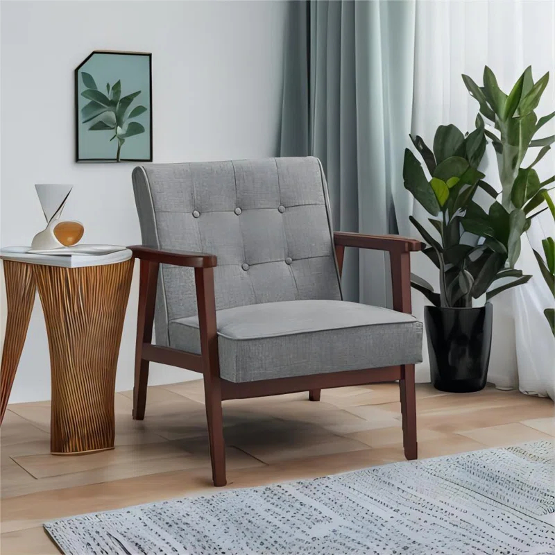 Corrigan Studio® Leisure Chair, Mid-Century Modern Arm Chair With Solid Wood Armrests And Legs,1-Seat Cushioned Sofa For Living Room Bedroom Balcony Studio,(Light Gray)