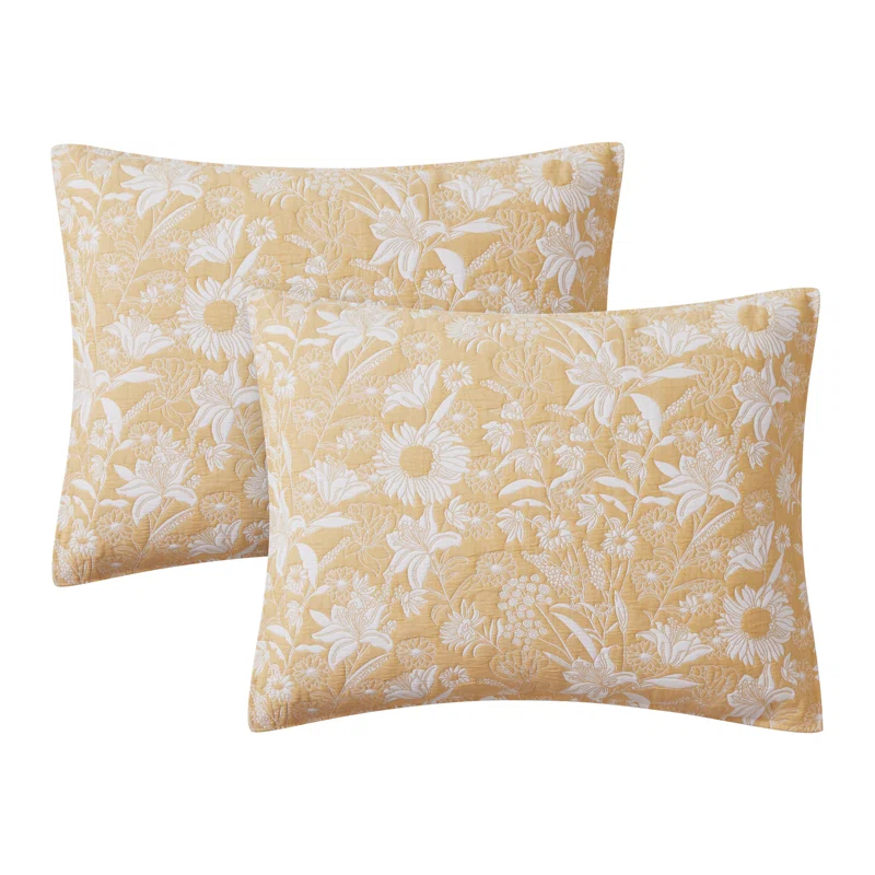 CEDAR COURT Sunflower Botanical Ochre 3-Piece All-Season Soft Woven Matelasse Jacquard Cotton Blend Quilt Set
