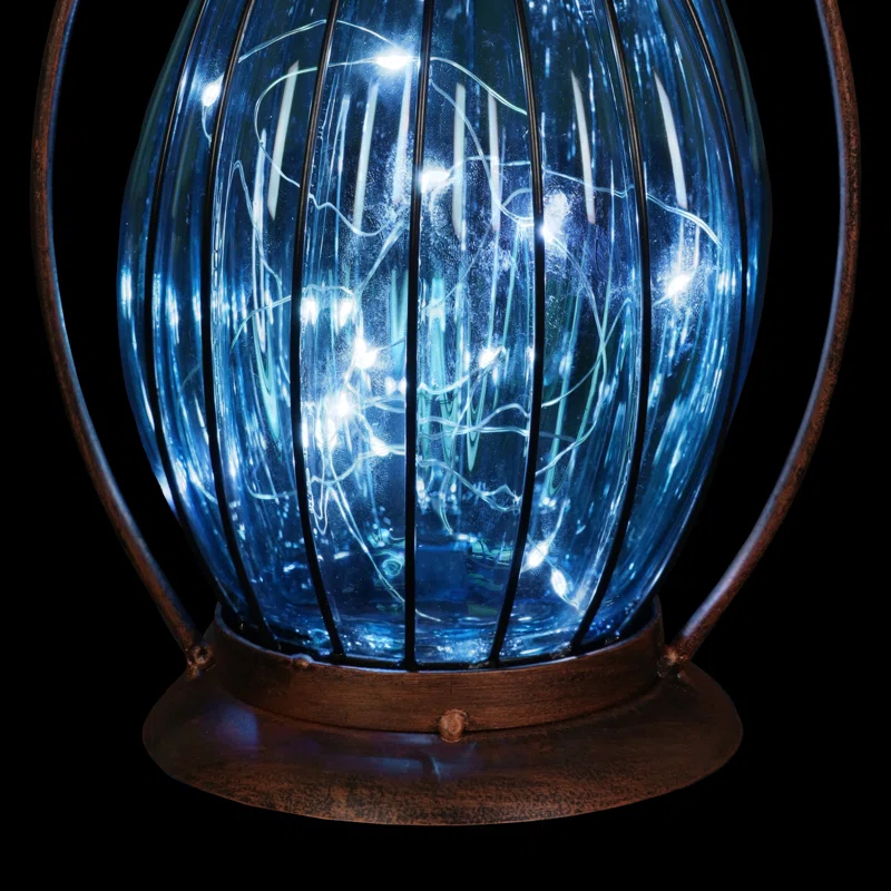 Exhart Exhart Solar Antique Metal and Glass Accent Lantern with Fifteen LED Fairy Firefly String Lights, 7 by 14"