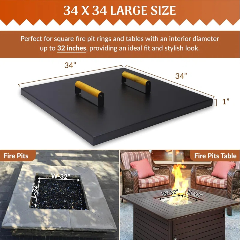 FEBTECH Fire Pit Snuffer Lid - Fire Pit Lid Square 34X34 Fire Pit Cover Square, Rust Resistant Firepit Lid,Carbon Steel Fire Pit Table Lid Square, Compatible For Firepit & Firepit Table Inside Dia Up To 32".