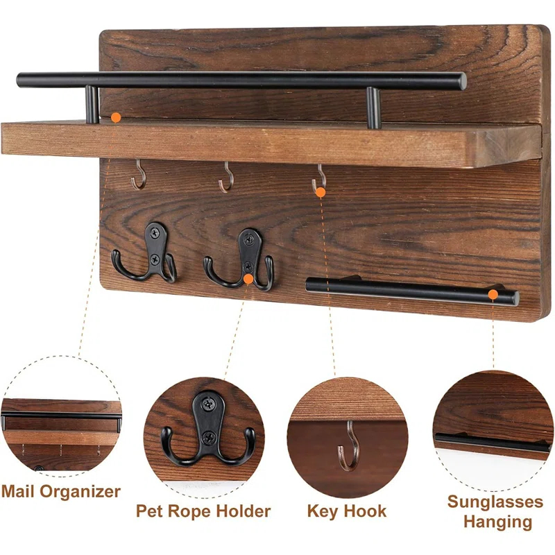 MAXAYA Mail Key Holder For Wall Decorative, Wooden Mail Organizer Wall Mount With 5 Key Hooks, Wood Key Hangers For Wall With Mail Key Rack, Rustic Mail Sorter For Entryway Office Hallway Home Decor