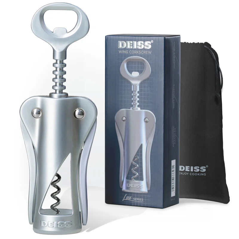 DEISS Deiss Lux Wine Opener, All-metal Wing Corkscrew Wine Bottle Opener With Built-in Beer Bottle Opener - Ergonomic Cork Screw Wine Corker, Silver Matte Coating, Velvet Storage Pouch, Perfect Wine Gift