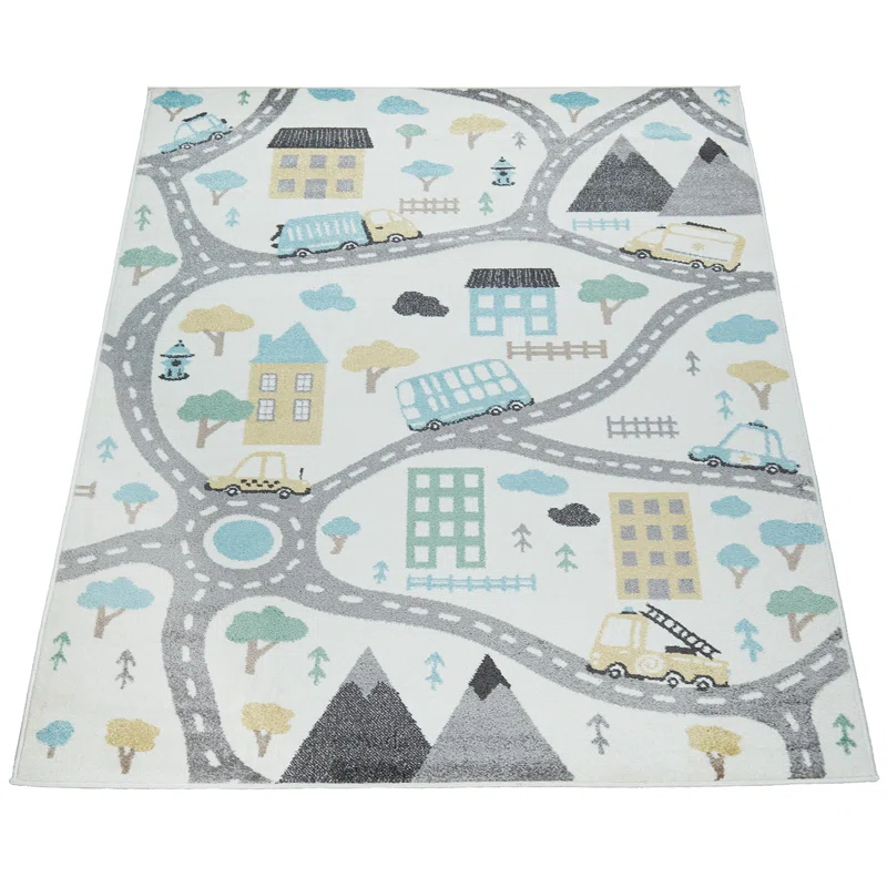 Paco Home Nursery Rug With Streets Cars And Trees Motif In Pastel Colors