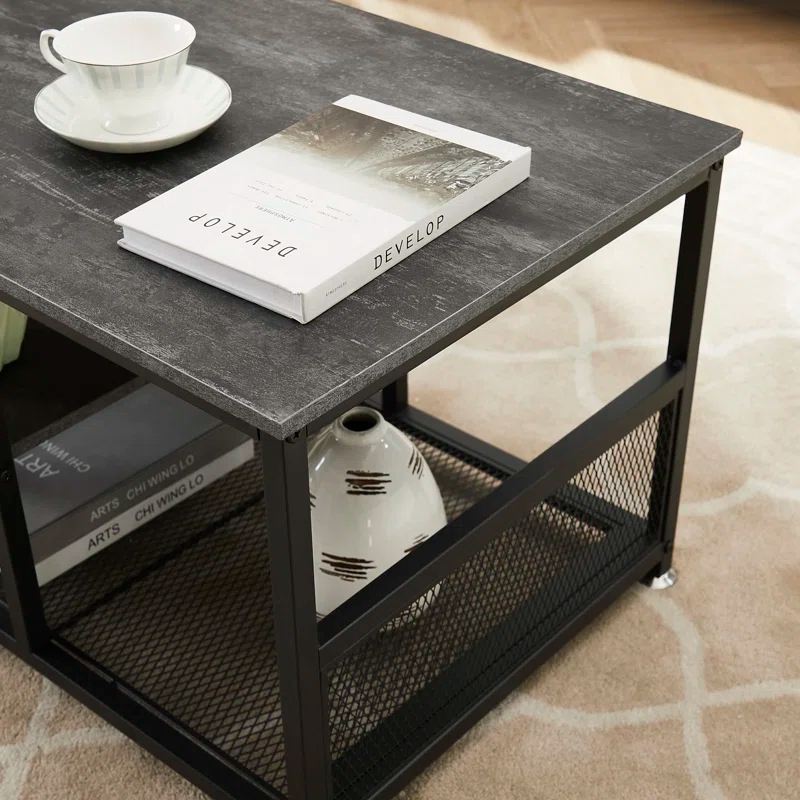 17 Stories Coffee Center Table With Storage For Living Room Office Reception, Industrial Mesh Shelf, 39.4 Inch,