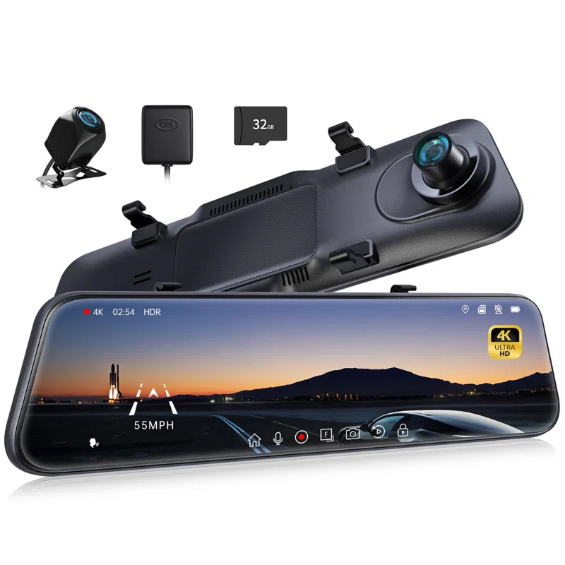 ARMIJU P12 Pro 4K Mirror Dash Cam 12 Inch Rear View Camera with ADAS BSD Voice Control Night Vision Parking Monitoring 32GB Memory Card | Wayfair