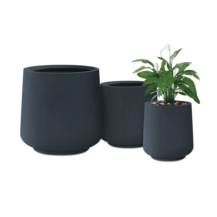 Kante Kante Round Concrete Planters, Outdoor Indoor Pots Containers with Drainage Holes Set