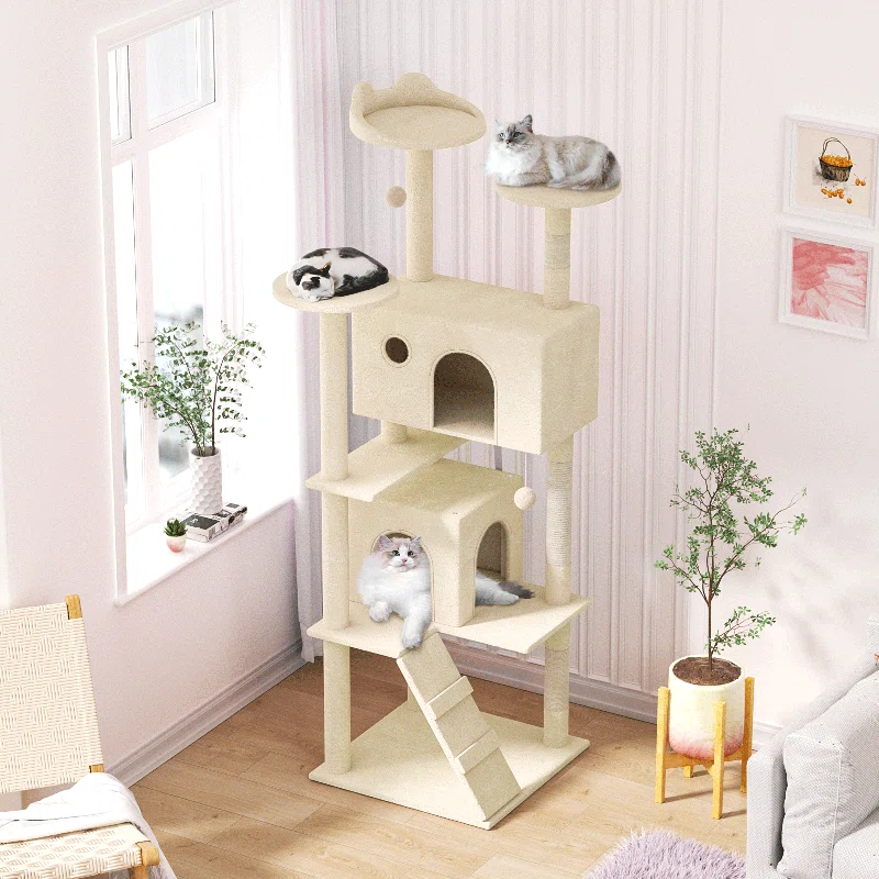 70" Cat Tree Tower With Scratching Posts, Multiple Cat Caves, Top Perch, And Play Features For Indoor Cats