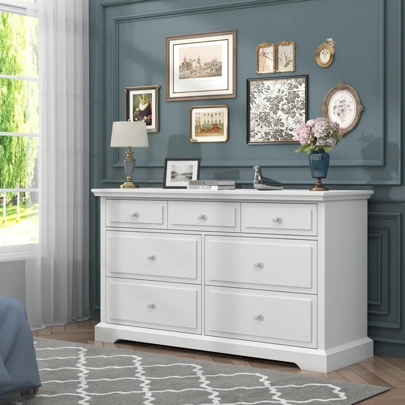 Winston Porter Raydyn 7 Drawers White Double Dressers Chests for Bedroom, Large Storage Dressers Organizer for Bedroom, Long Dresser Tv Stand, Vintage Solid Tall Closet Dressers with Storage for Living Room, Hallway