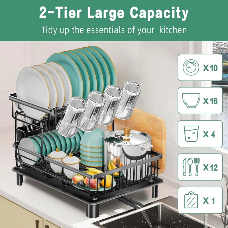 FODORL 2 Tier Dish Racks for Kitchen Counter,Large Capacity Detachable Dish Rack, Stainless Steel Rustproof Dish Drainer with Drainboard