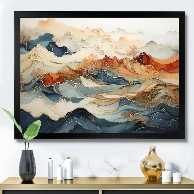 Design Art Abstract Orange And Blue River Ink III - Wall Art Print On Canvas