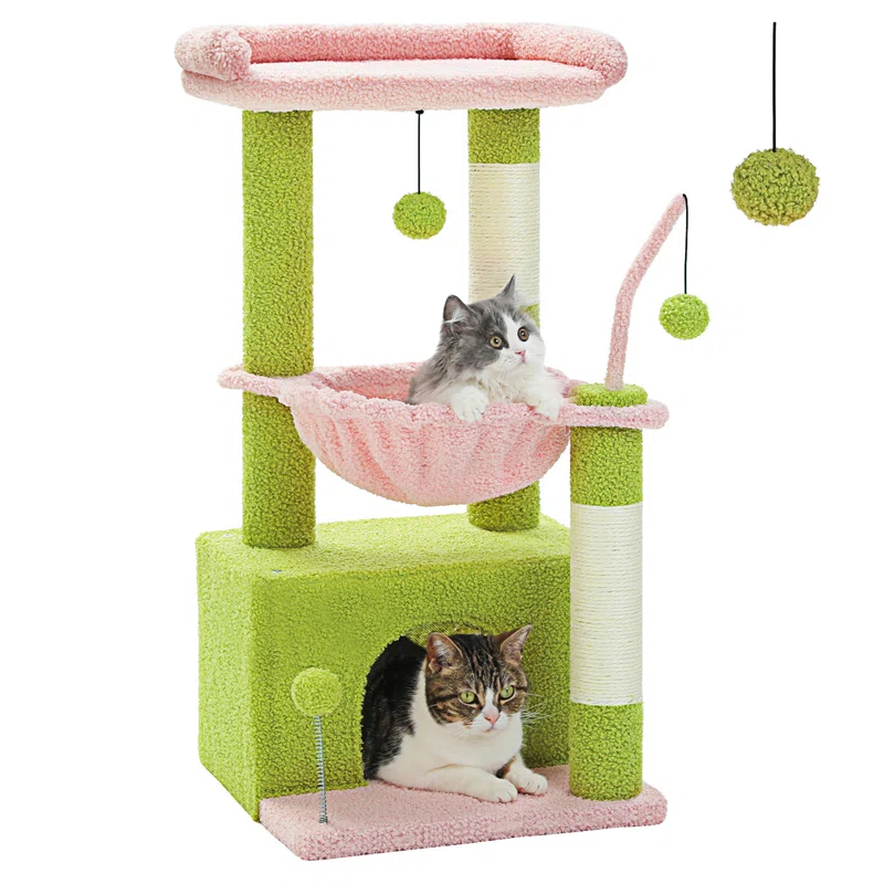 PEQULTI 4-In-1 Multi-Level Cat Tower, 33'' Pink Cat Tree For Indoor Cats With Large Cat Condo, Cat Scratching Post For Cats With Deep Hammock& Cozy Top Perch