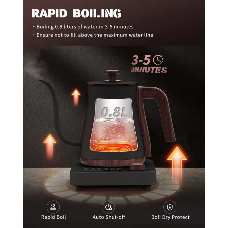 MARLIN MANUFACTURING COMPANY, INCORPORATED Electric Kettle, Electric Gooseneck Kettle With 6 Temperature Control Presets And LED Display, 0.8L/27.05Oz, 0.8Mm Ultra-Fine Spout, 304 Stainless Steel Inner, 1000W Gooseneck Kettle, Matte Black