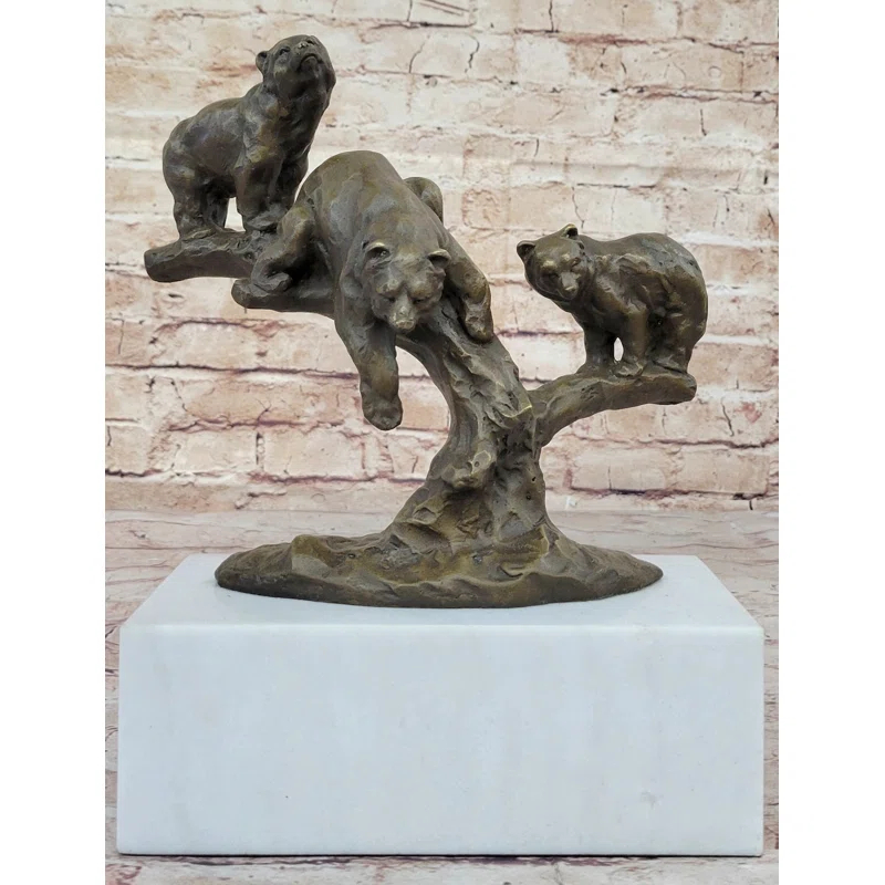 Loon Peak® Jordany Green Patina Bear Family On A Tree Stump Bronze Sculpture Statue Figurine