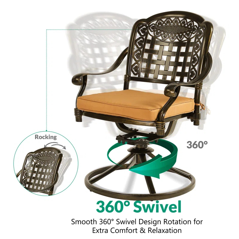Wildon Home® Wildon Home® 7-piece Outdoor Furniture Dining Set, All-weather Cast Aluminum Patio Conversation Set, Include 6 Swivel Dining Chairs And A Rectangle Table With Umbrella Hole, khaki/green Cushion