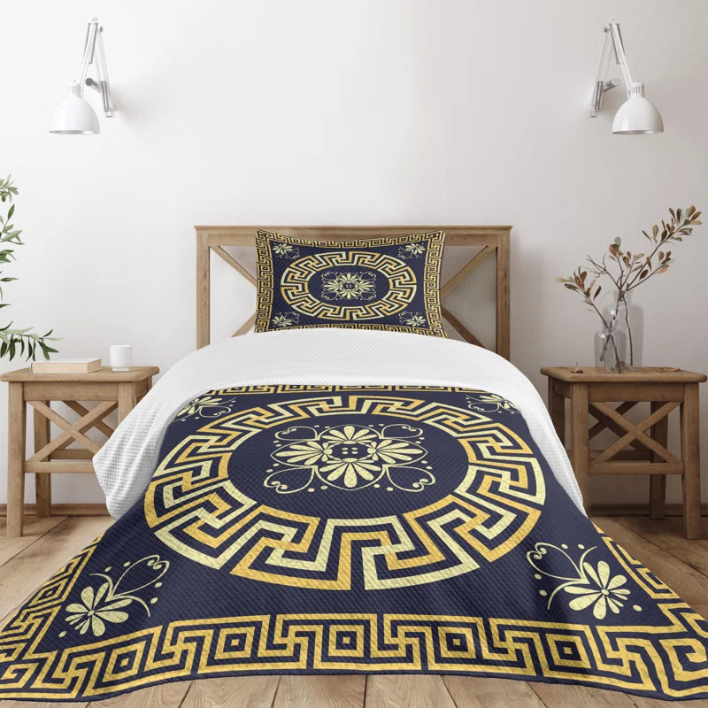 Ambesonne Ambesonne Floral Design Bedspread Set Retro Spring Meander Indigo Yellow