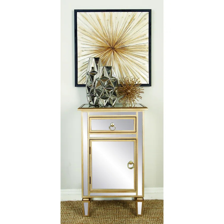 Mercer41 Alpena Glass Mirrored 1 Drawer and 1 Door Beige Cabinet