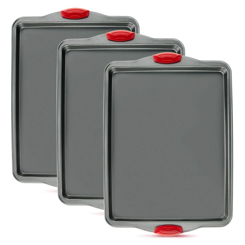 SHIRLEY'S OFFICE FURNITURE, LLC Premium Nonstick Baking Sheet Pans – Set Of 3, Heavy-Gauge Carbon Steel, Warp, Dent, And Rust-Resistant – Gourmet Rimmed Cookie Sheet Trays, Non-Toxic For Exceptional Baking Performance