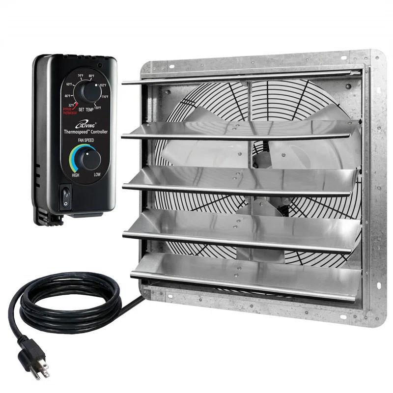 iLIVING ILG8SF20V-ST 20" Wall Mounted Shutter Exhaust Fan, Automatic Shutter, with Thermostat and Variable Speed controller, 2.2A, 3368 CFM, 5000 SQF Coverage Area Silver
