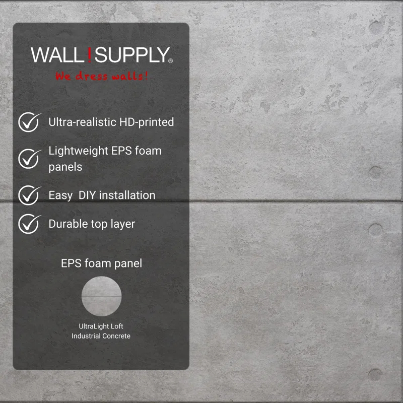 Wall!Supply Wall!supply Ultralight Industrial Concrete Hd Printed – 3d Eps Foam Wall Panels – Easy Diy Installation – Concrete Look – Set Of 4 Panels (25.83 Sq Ft)