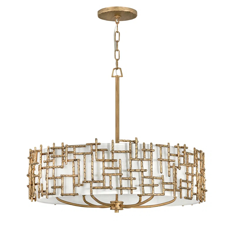 Fredrick Ramond Farrah 6-Light White Linen Drum Chandelier w/ Hammered Crosshatch Bars