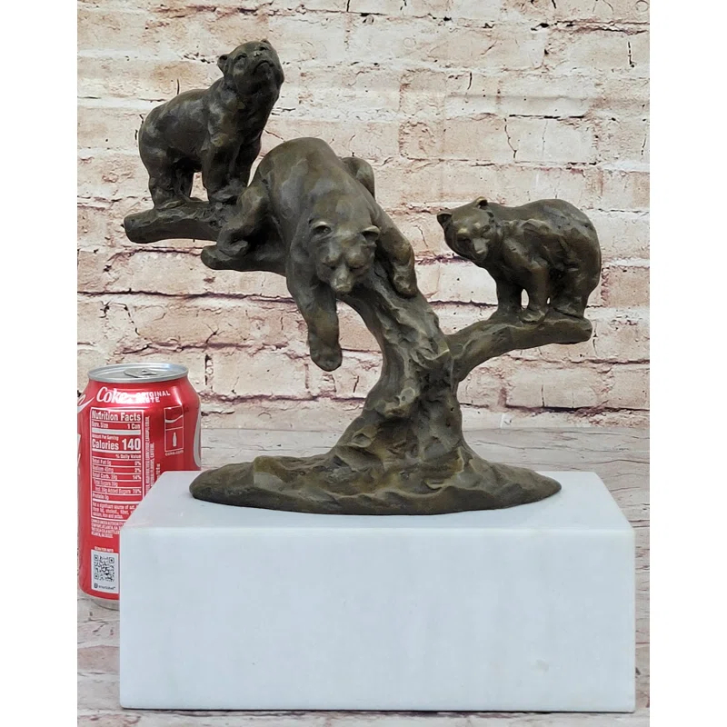 Loon Peak® Jordany Green Patina Bear Family On A Tree Stump Bronze Sculpture Statue Figurine