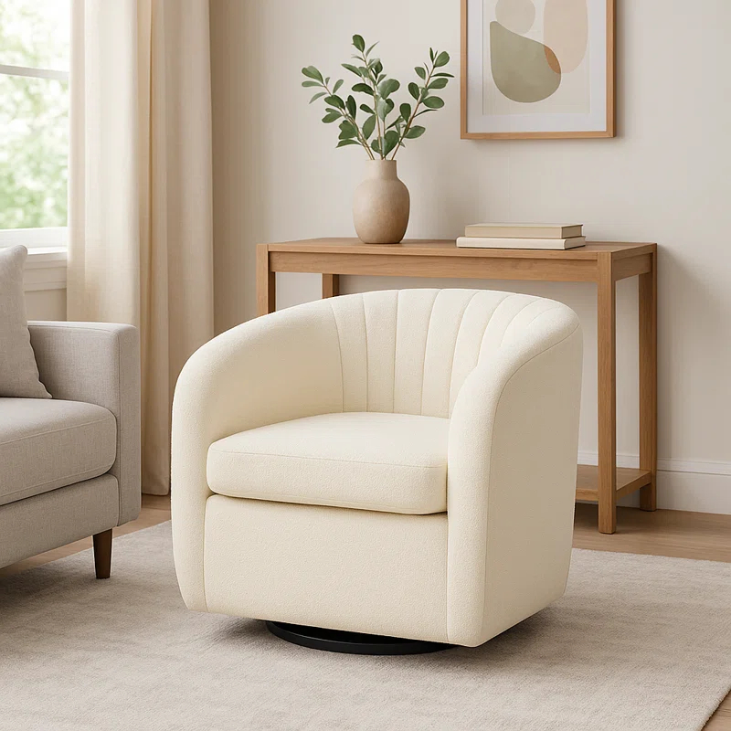 Latitude Run® Swivel Mid-Century Modern Accent Tub Chair with Faux Shearing Upholstery and Hidden Base