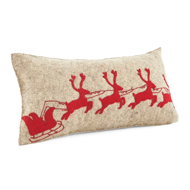Arcadia Home Handmade Christmas Pillow in Hand Felted Wool - Red Reindeer on Gray - 12"x24"