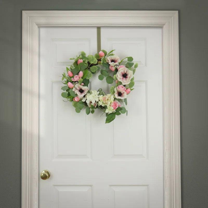 The Holiday Aisle® 22 inch Artificial Spring Wreath with Hydrangea, Tulip, and Eucalyptus Blooms, Realistic Floral Decoration for Front Door or Indoor Décor