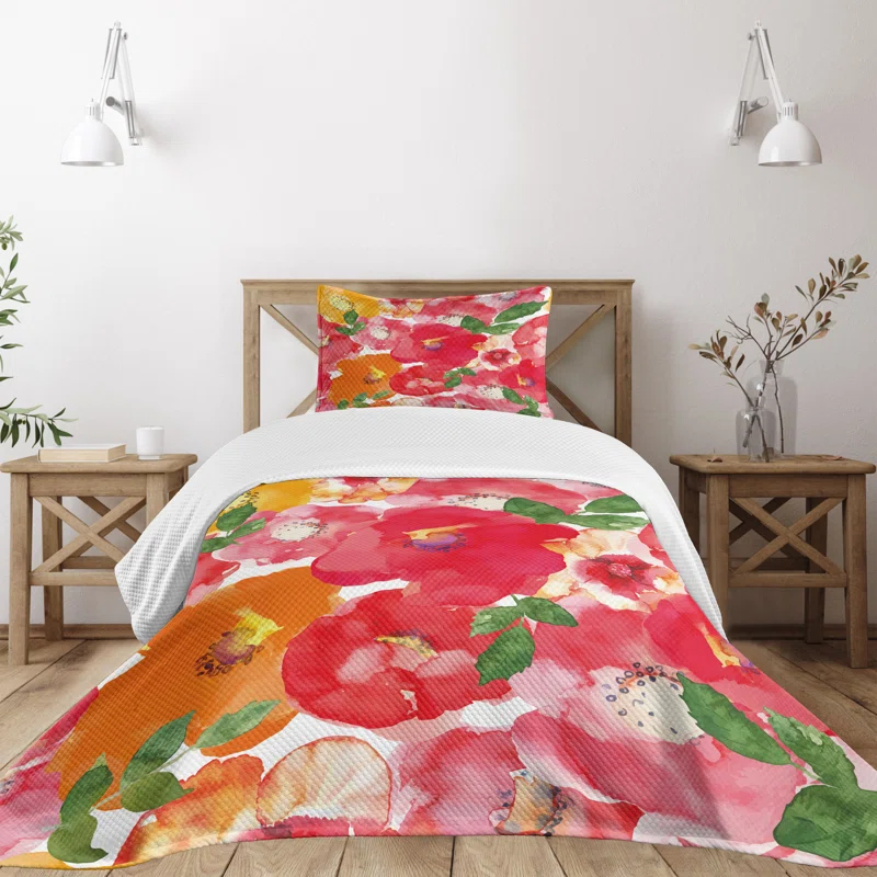Ambesonne Ambesonne Flower Bedspread Set Watercolor Style Floral Red and Orange