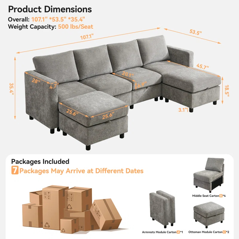 Ebern Designs 107”Modular Sectional Sofa Convertible U Shaped Sofa Couch Set With Storage For Living Room, Modern 6 Seater Modular Sectional Couch With Movable Ottoman, Chenille