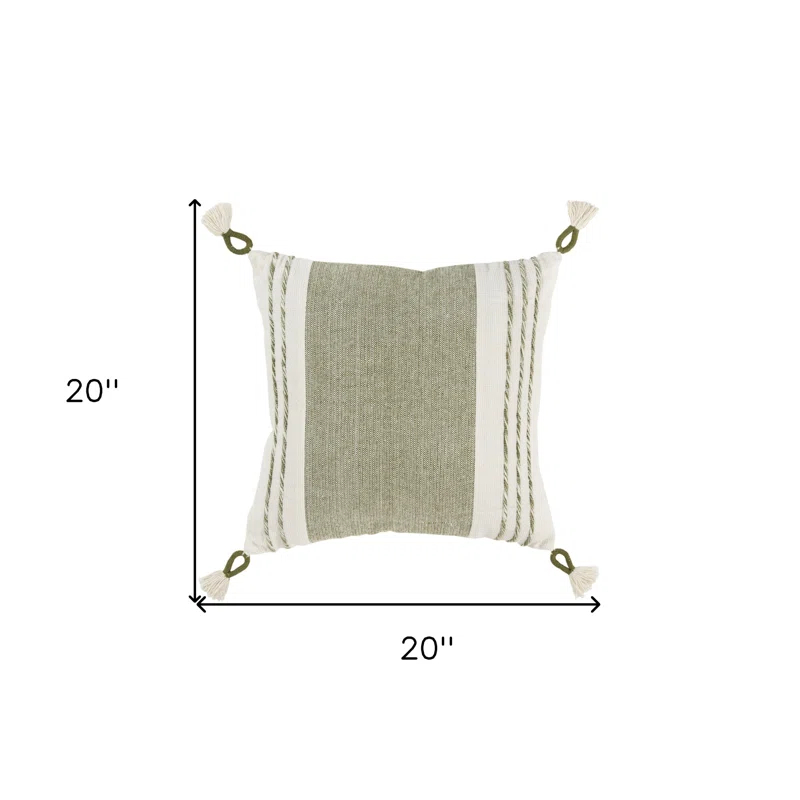 Moss Green and White Cotton Square Decorative Pillow with Tassels