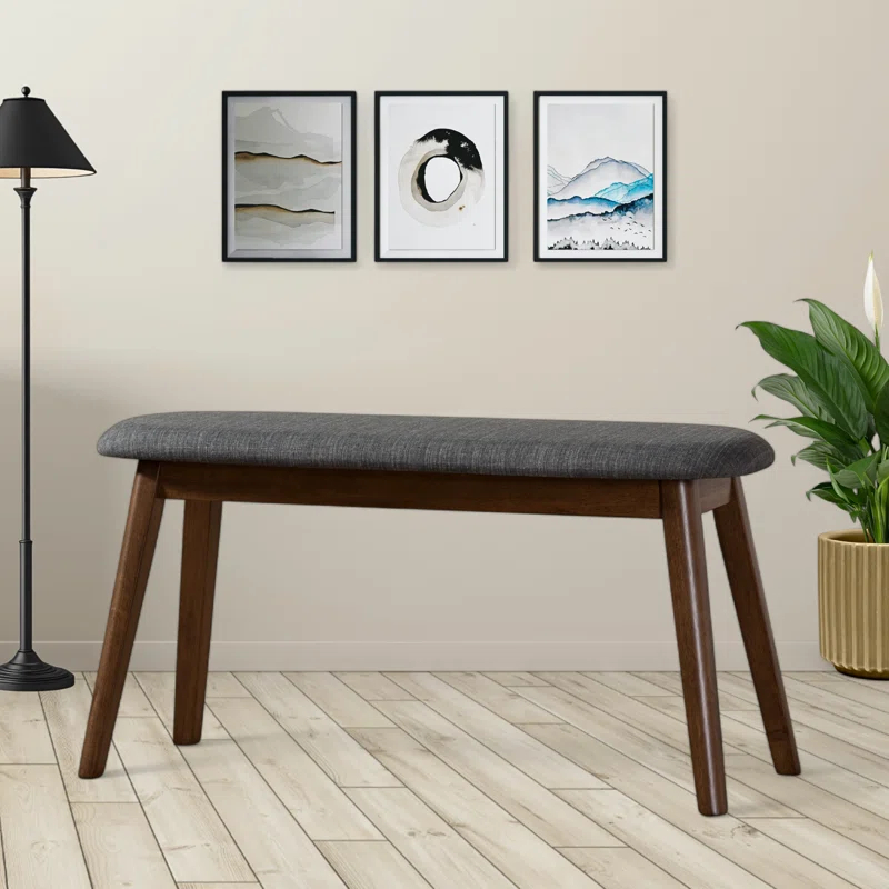 George Oliver Echoes Mid-Century Modern Bench with Dark Grey Fabric Upholstery and Walnut Finish