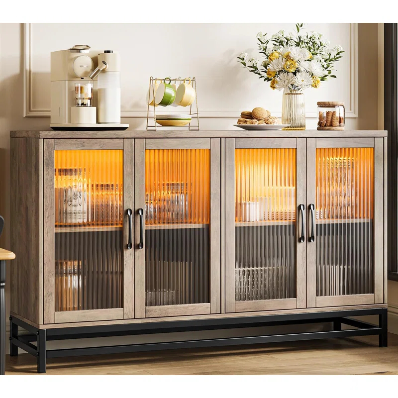 Wrought Studio™ Sideboard Buffet Storage Cabinet, Wood Accent Kitchen Coffee Bar Cabinet With 4 Doors And Adjustable Shelves For Kitchen, Dining Room, Hallway, Living Room