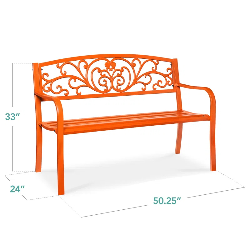 World Menagerie Outdoor Steel Bench with Floral Backrest & Slatted Seat, Marigold for Garden, Patio, Porch, Lawn, and Deck