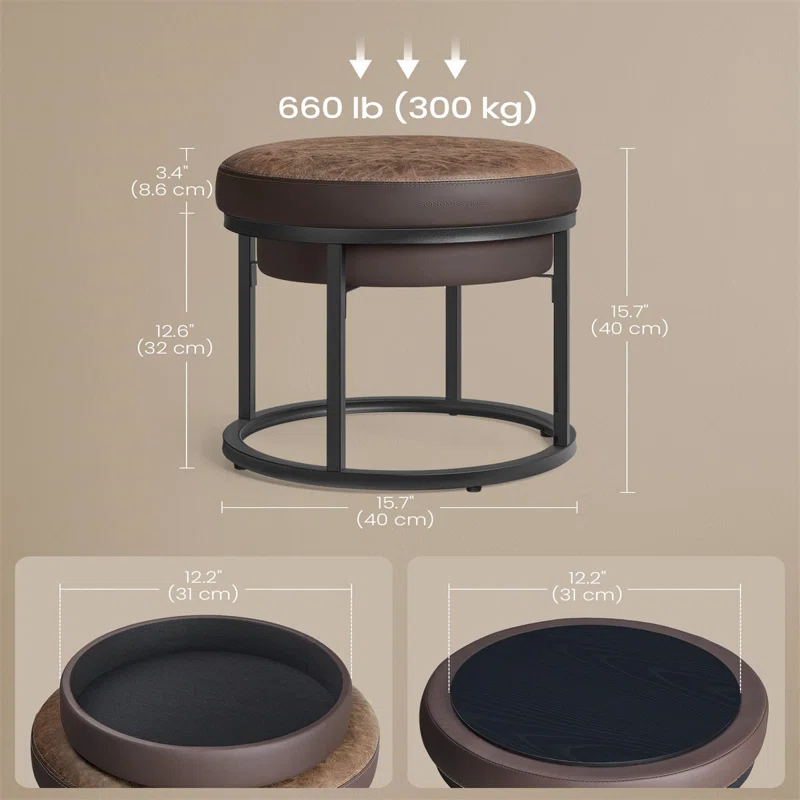 17 Stories Vanity Chair Stool, Footrest, Reversible Top, Side Table, Max. Load 660 Lb, Bedroom Living Room Entryway, Walnut Brown ULOM080K01