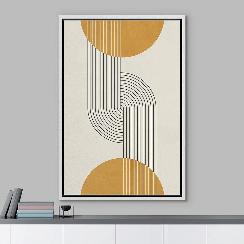 IDEA4WALL Mid Century Modern Boho Dark Line Art Illusions With Yellow Spheres - Graphic Art on Canvas