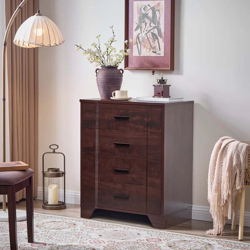 Ebern Designs Farmhouse Cherry Red Curved Tall 4 Drawers Dresser for Bedroom, 4 Chest of Drawers for Closet