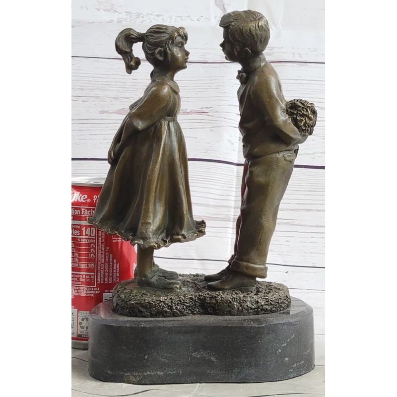 Canora Grey Tarrie First Kiss Love Romance Children Bronze Sculpture Figure On Heart Shaped Marble Base