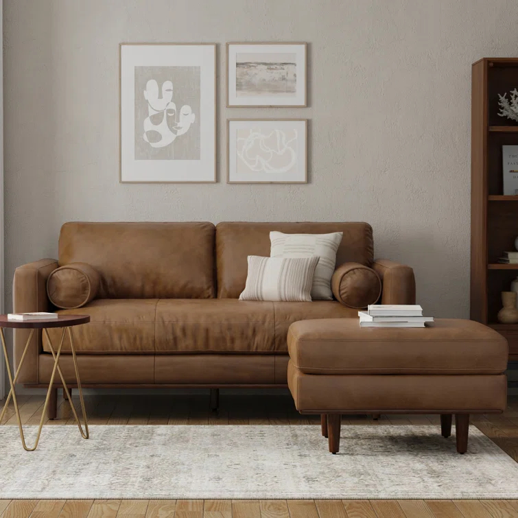Simpli Home Morrison  Sofa and Ottoman Set in Genuine Leather