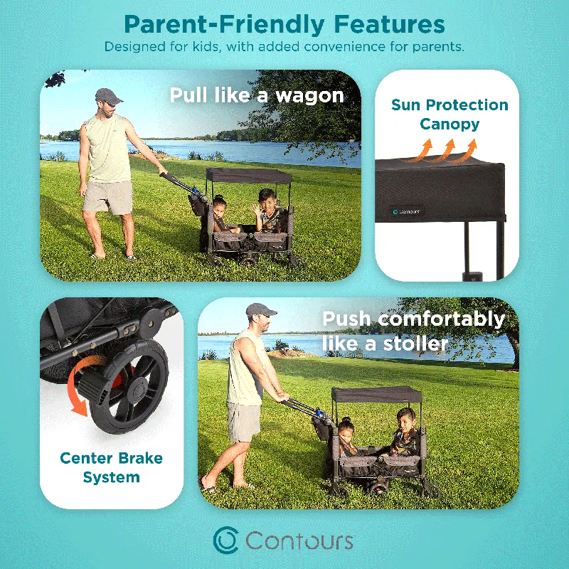Contours Contours Curve 360 Stroller Wagon for 2 Kids, Infant Car Seat Compatibility, Zero Turn Radius, Lightweight Foldable Push-pull Collapsible Wagon Cart for Garden, Stroller, Camping, Grocery Cart