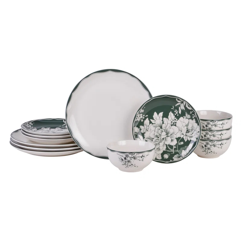 222 Fifth 222 Fifth Brittany 12-Piece Porcelain Dinnerware Set - Service For 4, Plate & Bowl Set