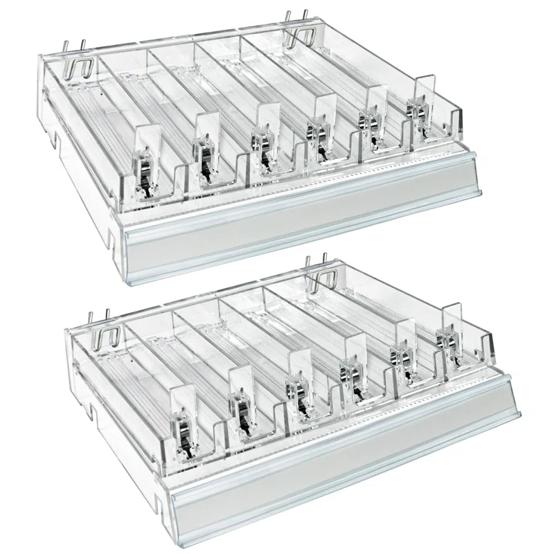 Azar Displays Clear 6 Compartment Divider Bin Cosmetic Tray with Pushers - 6 Slots per Tray, 2-Pack (Set of 2)