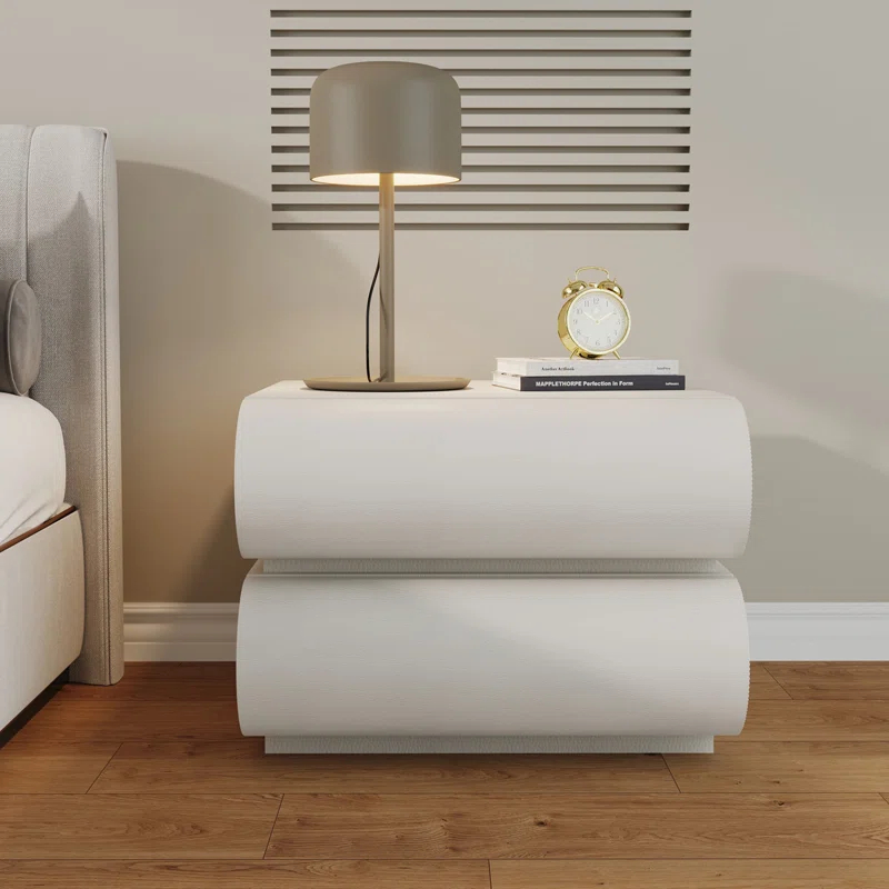 Wrought Studio™ Hasya White Nightstand with 2 Solid Wood Drawers, Leather Bedside Table for Bedroom, No Assembly Required