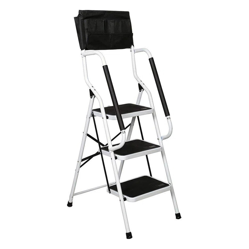 WFX Utility™ 3-Step Ladder With Handrails - 500 Lb Capacity Folding Stepladder With Wide Non-Slip Pedals, Safety Rails, And Tool Bag