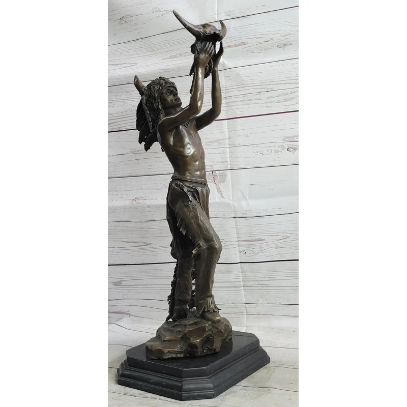 Canora Grey Taylee Native American Indian Shaman Medicine Man Holding Bison Skull Bronze Statue Sculpture 23" X 11"