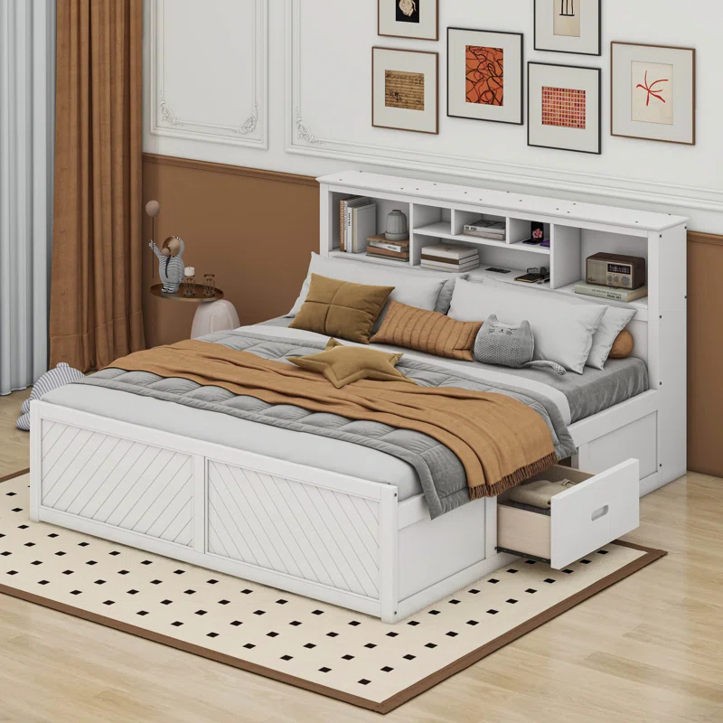 Cosmic King Size Wood Platform Bed With Multi-Storage Headboard, USB And Drawers